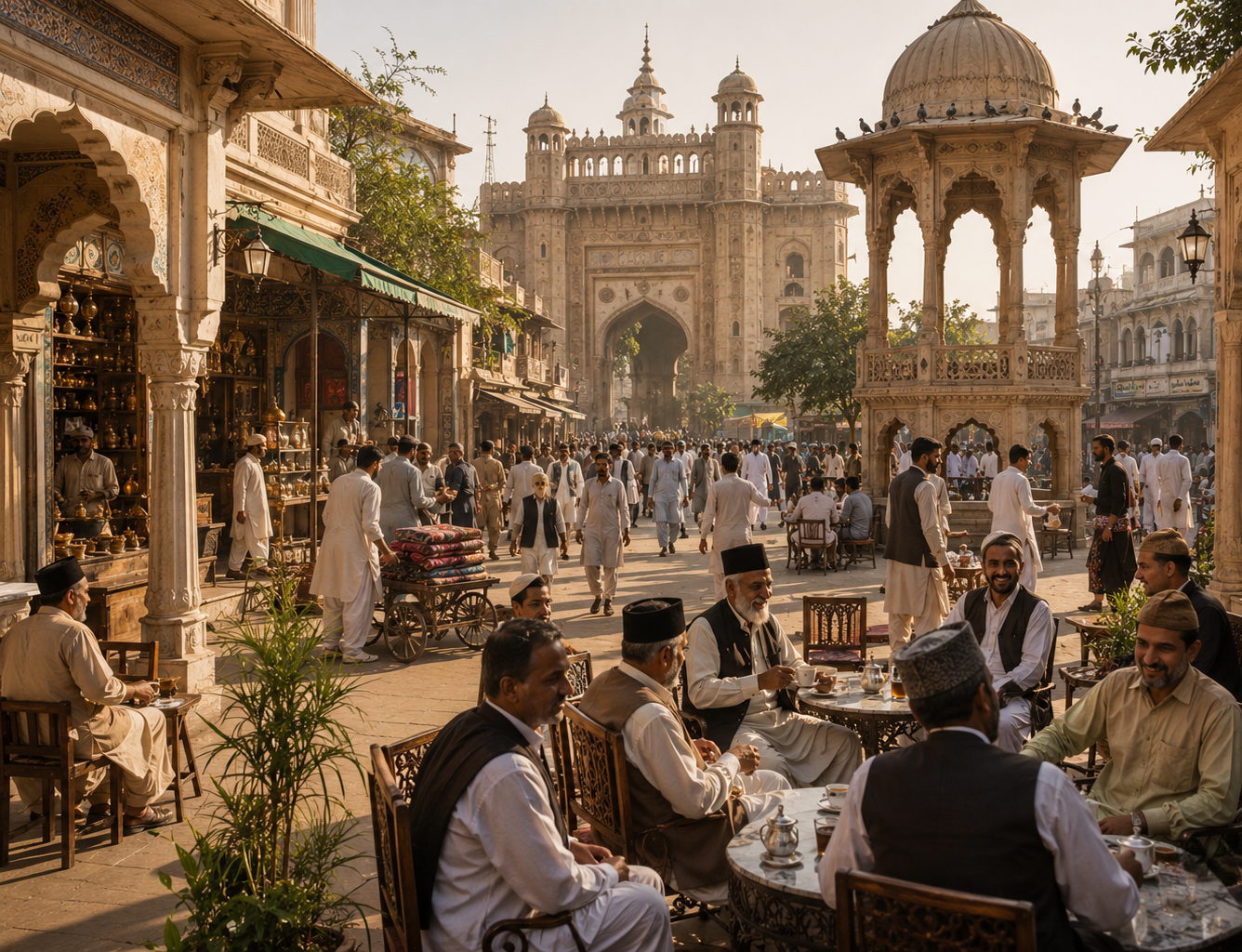 A grand 1947 inspired chowk street gathering with cinematic golden light